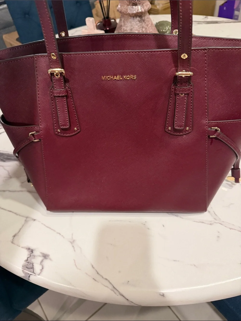 Michael Kors Burgundy Saffiano Leather Tote with Gold Hardware